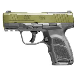Heckler & Koch CC9, Semi-automatic, Striker Fired, Polymer Frame Pistol, Sub-Compact, 9MM, 3.32 Barrel, Cerakote Finish, Black Frame, Cerakote Bazooka Green Slide, Front Night Sight, 12 Rounds, (1)-12 Round and (1)-10 Round Magazine 81001401