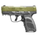Heckler & Koch CC9, Semi-automatic, Striker Fired, Polymer Frame Pistol, Sub-Compact, 9MM, 3.32 Barrel, Cerakote Finish, Black Frame, Cerakote Bazooka Green Slide, Front Night Sight, 12 Rounds, (1)-12 Round and (1)-10 Round Magazine 81001401