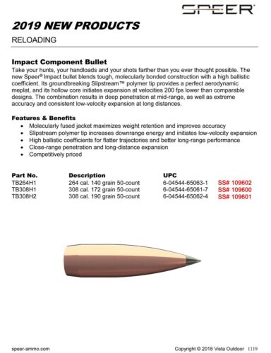 Speer TB308H2 Impact  30 Cal .308 190 gr Slipstream Polymer Tip 5