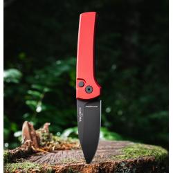 Ramon Chavez Designed Scapegoat Compact Auto - solid red aluminum handle, DLC black MagnaMax blade, black hardware, black deep carry clip.