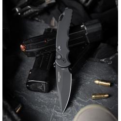 Proctech TR-5 - Tactical Response 5 Automatic - Black aluminum handle with steel slide safety and glass breaker, DLC black S35-VN blade, black hardware, black long deep carry clip.