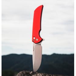Mordax - Button Lock Flipper - Solid red aluminum handle, stonewash CPM-20CV blade, blasted hardware, blasted deep carry clip