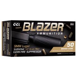 CCI Ammunition, Blazer, 9MM, 147 Grain, Subsonic, Total Metal Jacket, Clean-Fire for Suppressor Use, 50 Round Box