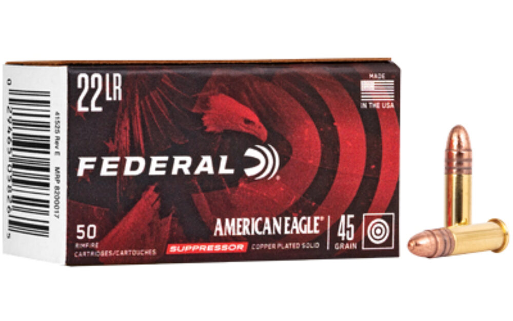 Federal, American Eagle, Suppressor Ammunition, 22LR, 45 Grain, Copper Plated Lead Round Nose, 50 Round Box