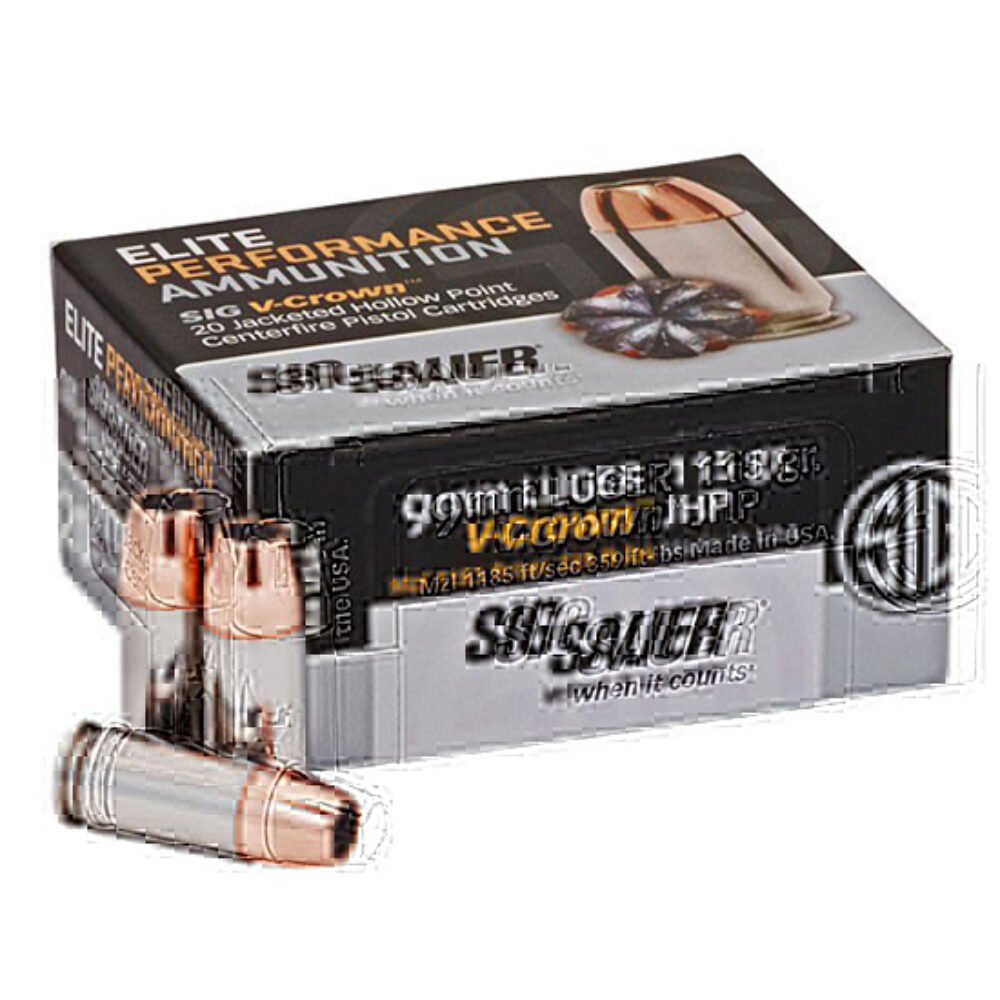 Sig Sauer, Elite Performance V-Crown 9MM 115 Grain, Jacketed Hollow Point, 20 Round Box