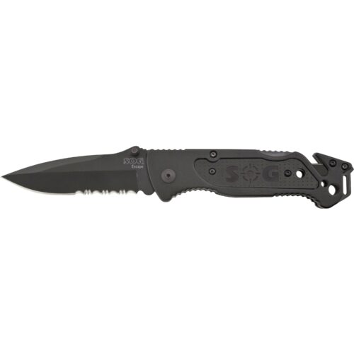 S.O.G SOG-FF25-CP Escape  3.40 Folding Clip Point Part Serrated Black Hardcased 9Cr18MoV SS Blade Black Anodized Aluminum Handle Includes Belt Clip