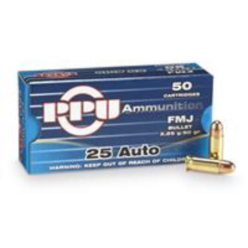 PPU PPH25 Handgun  25 ACP 50 gr Full Metal Jacket (FMJ) 50 Per Box/ 20 Cs