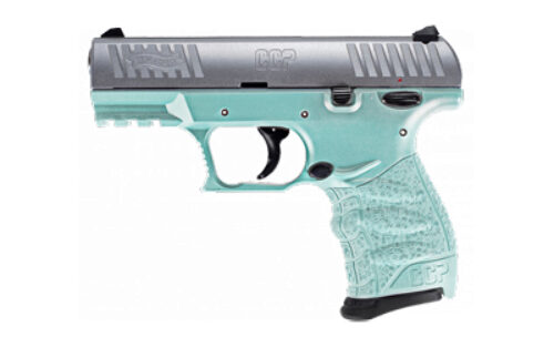 Walther Arms 5083512 CCP M2 + 9mm Luger 8+1 3.54 Barrel, Angel Blue Finish Picatinny Rail Frame, Serrated Sliver Stainless Steel Slide, Finger Grooved Polymer Grip