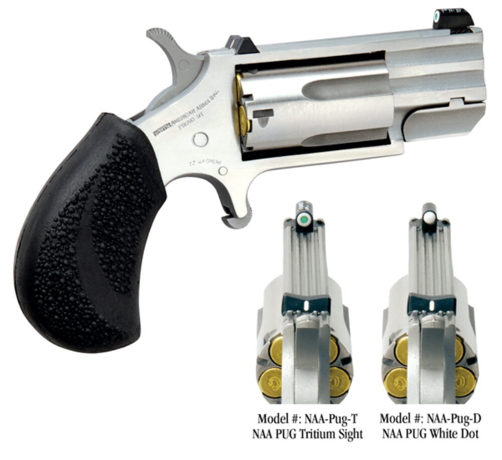 North American Arms PUGT Pug 22 WMR 5 Shot 1 Barrel, Overall Stainless Steel Finish, Black Pebbled Texture Rubber Grip, XS Tritium Dot Sight North American Arms PUGT Pug 22 WMR 5 Shot 1 Barrel, Overall Stainless Steel Finish, Black Pebbled Texture Rubber Grip, XS Tritium Dot Sight