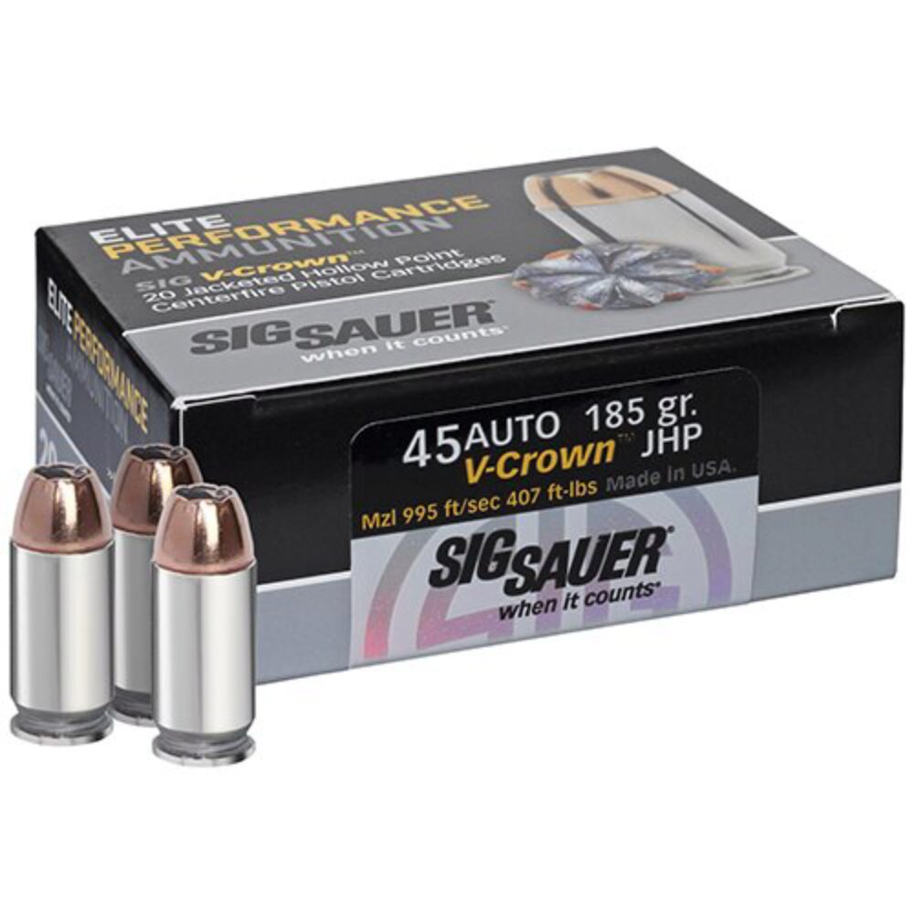 Sig Sauer E45AP050 Elite Defense 45 ACP 185 gr 995 fps V-Crown Jacketed Hollow Point (VJHP) 50 Bx/10 Cs Sig Sauer E45AP050 Elite Defense 45 ACP 185 gr 995 fps V-Crown Jacketed Hollow Point (VJHP) 50 Bx/10 Cs