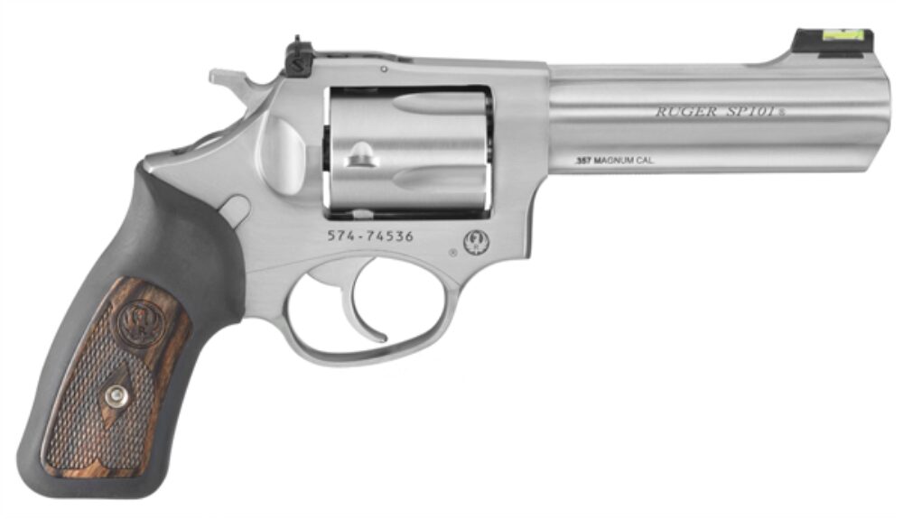 Ruger 5771 SP101  357 Mag  4.20 Barrel 5rd Triple-Locking Cylinder, Satin Stainless Steel, Cushioned Rubber With Engraved Wood Insert Grip, Transfer Bar Safety