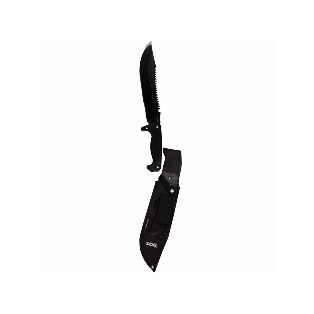 S.O.G SOGF03TNCP Jungle Primitive 9.50 Machete Clip Point Plain Black Hardcased w/Saw Spine 8Cr13MoV SS Blade Black w/Digi-Grip Kraton Handle Includes Sheath