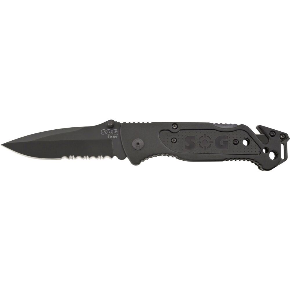 S.O.G SOG-FF25-CP Escape  3.40 Folding Clip Point Part Serrated Black Hardcased 9Cr18MoV SS Blade Black Anodized Aluminum Handle Includes Belt Clip