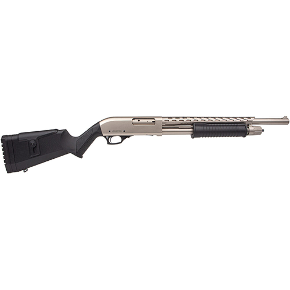 Rock Island AGM5 All Generations  12 Gauge Pump 3 5+1 18.50 with Heat Shield, Nickel Barrel/Rec, Black Synthetic Furniture, Adj. Comb Stock