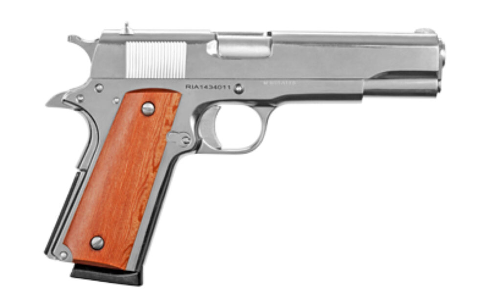 Rock Island 51433 GI Standard FS 45 ACP Caliber with 5 Barrel, 8+1 Capacity, Overall Polished Nickel Finish Steel, Beavertail Frame, Serrated Slide & Wood Grip Rock Island 51433 GI Standard FS 45 ACP Caliber with 5 Barrel, 8+1 Capacity, Overall Polished Nickel Finish Steel, Beavertail Frame, Serrated Slide & Wood Grip