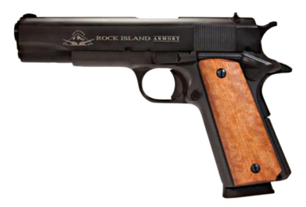 Rock Island 51421MA GI Standard FS *MA Compliant 45 ACP Caliber with 5 Barrel, 8+1 Capacity, Overall Black Parkerized Finish Steel, Beavertail Frame, Serrated Slide & Wood Grip
