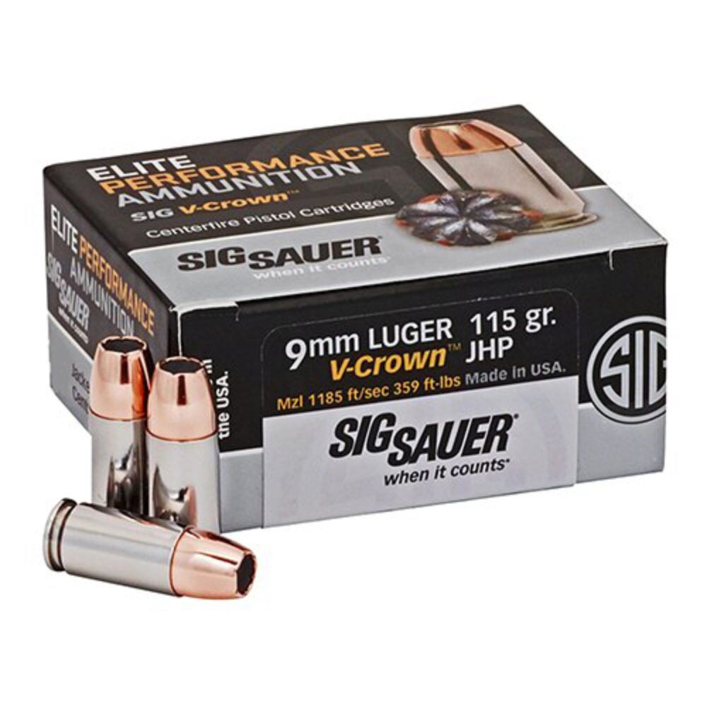 Sig Sauer E9MMA150 Elite Defense 9mm Luger 115 gr 1185 fps V-Crown Jacketed Hollow Point (VJHP) 50 Bx/10 Cs Sig Sauer E9MMA150 Elite Defense 9mm Luger 115 gr 1185 fps V-Crown Jacketed Hollow Point (VJHP) 50 Bx/10 Cs