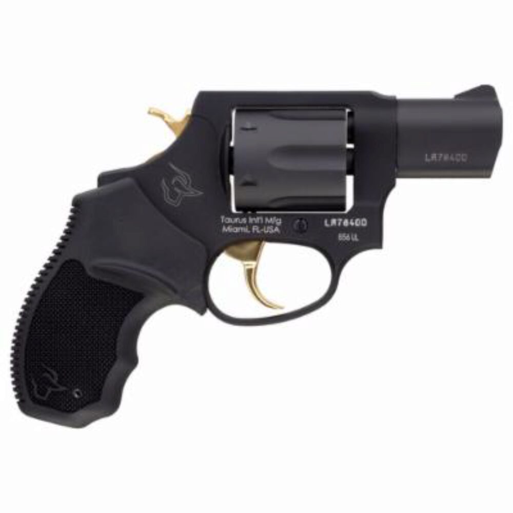 Taurus 2-856021ULGLD 856 Ultra-Lite 38 Special Caliber with 2  Barrel, 6rd Capacity Cylinder, Overall Matte Black Metal Finish, Gold Trigger/Hammer Frame & Finger Grooved Black Rubber Grip