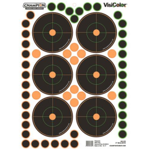 Champion VisiColor 8.5" x 11.5" Self-Adhesive 3" Bullseye Target, Orange/Black, 5/pack - 46135