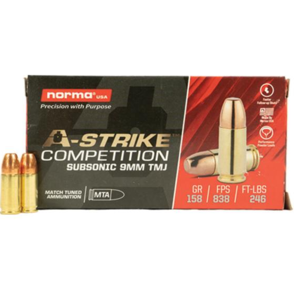 Norma A-Strike Subsonic Ammunition 9mm Luger 158gr TMJ 838 fps 50/ct