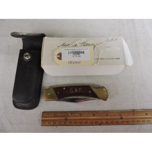 Vintage Schrade Uncle Henry Lb7 Knife + Sheath - Etched With Harley Davidson