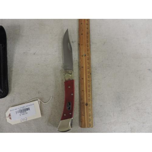 BUCK USA 110 SIGNED CHUCK BUCK CHAIRMAN SERIES CHERRY WOOD HANDLES KNIFE W/ LEATHER SHEATH