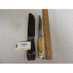 Vintage Queen Jigged Bone Handle Knife - Queen Leather Sheath