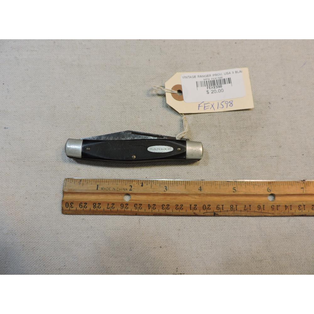 VINTAGE RANGER PROV. USA 3 BLADE POCKET KNIFE. PAT. # 3.317.996