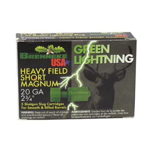 Brenneke SL202HFSGL Green Lightning Heavy Field Short Magnum 20 Gauge 2.75 1 oz Slug Shot 5 Per Box/ 50 Cs