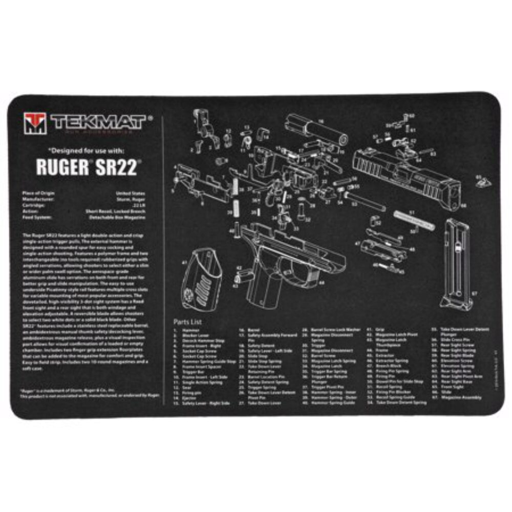 TekMat TEKR17RUGERSR22 Ruger SR22 Cleaning Mat Black/White Rubber 17 Long Ruger SR22 Parts Diagram