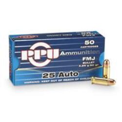 PPU PPH25 Handgun  25 ACP 50 gr Full Metal Jacket (FMJ) 50 Per Box/ 20 Cs
