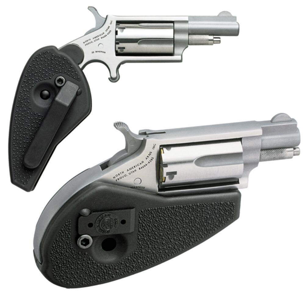 North American Arms 22MSHG Mini-Revolver 22 WMR 5 Shot 1.13 Barrel, Overall Stainless Steel Finish, Black Synthetic Holster Grip North American Arms 22MSHG Mini-Revolver 22 WMR 5 Shot 1.13 Barrel, Overall Stainless Steel Finish, Black Synthetic Holster Grip