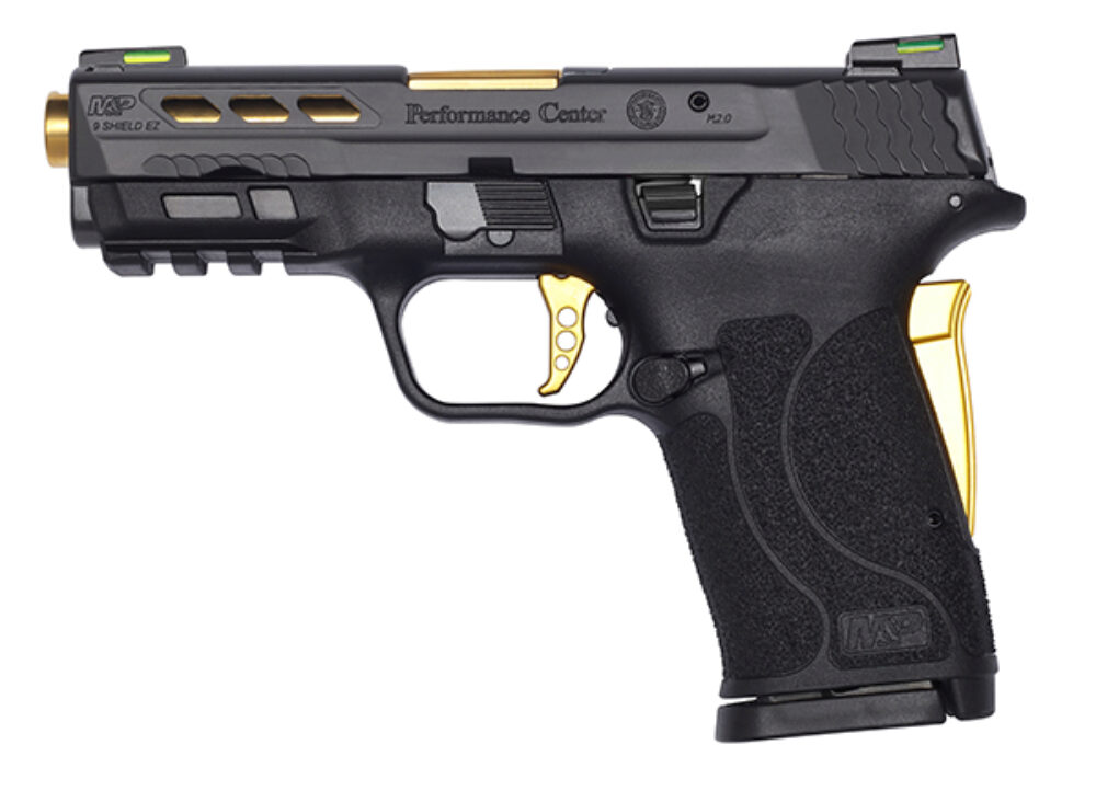 Smith & Wesson 13228 M&P Shield EZ Performance Center 9mm Luger 3.83 8+1 Matte Black Black Armornite Stainless Steel Ported Slide Black Polymer Grip Gold Colored Accetns (No Manual)