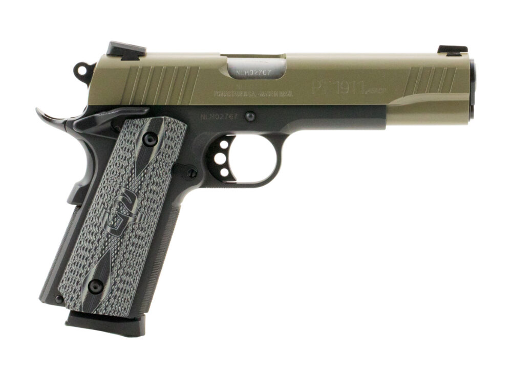 Taurus 1-191101S-VZ 1911  45 ACP Caliber with 5 Barrel, 8+1 Capacity, Matte Black Finish Beavertail Frame, Serrated Desert Sand Cerakote Steel Slide & Black VZ Operator II Grip Includes Magazine