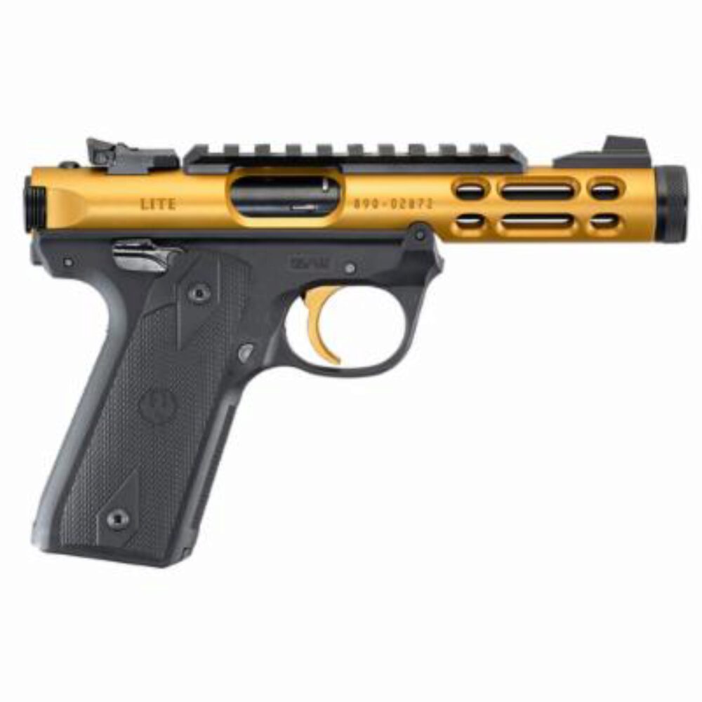 Ruger 43926 Mark IV 22/45 22 LR 10+1 4.40 Black Steel/Threaded Barrel, Gold Anodized Ventilated Aluminum w/Picatinny Rail Slide, Checkered 1911-Style Panel Grip