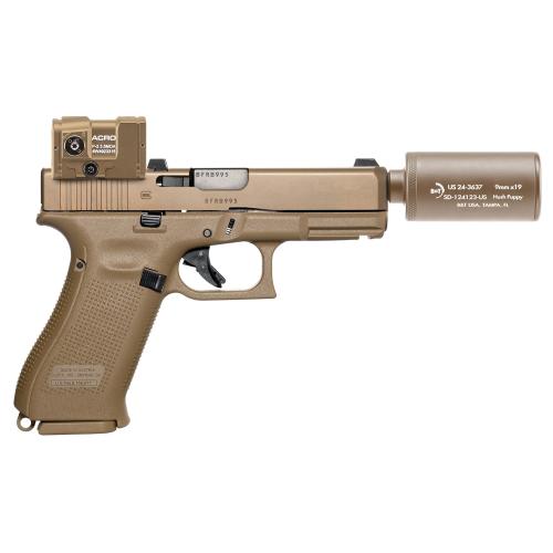 B&T Firearms HUSHPUPPYKITCTCSTM Hush Puppy Kit 9mm Luger 15+1 4" Stainless Threaded Barrel, Coyote Tan Receiver & Textured Grip, Includes Aimpoint Acro P-2 Red Dot, Suppressor & 2 Mags