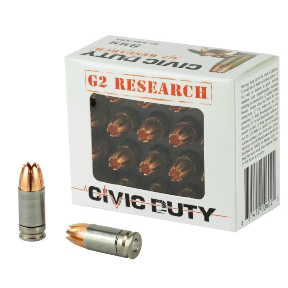G2 Research Civic Duty Defense 9mm 100 gr Copper Expansion Projectile (CEP) 20 Per Box/ 25 Cs G00602
