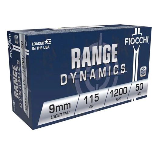 Fiocchi Range Dynamics 9mm 115 Grain FMJ Brass Centerfire Pistol Ammunition for Practice