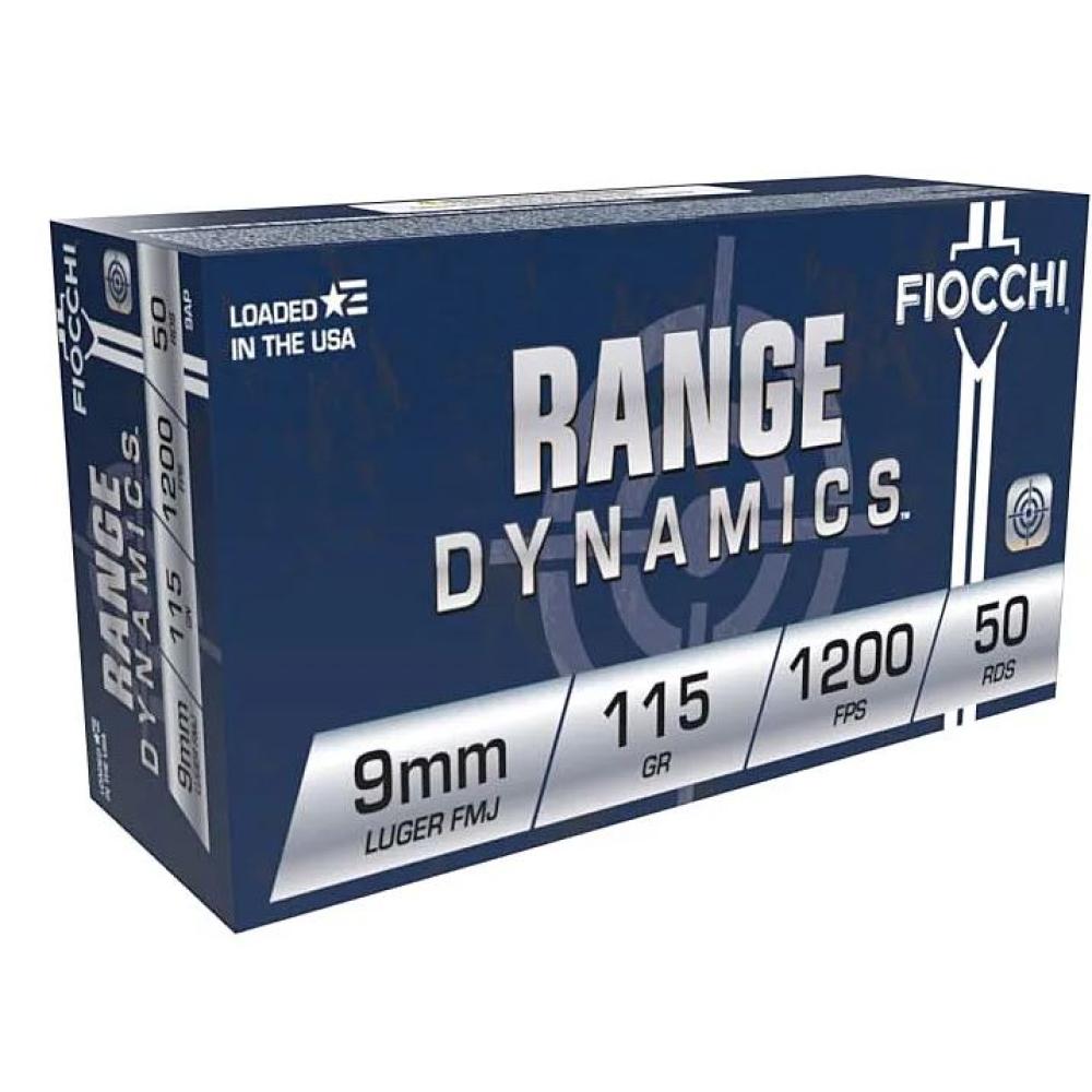 Fiocchi Range Dynamics 9mm 115 Grain FMJ Brass Centerfire Pistol Ammunition for Practice