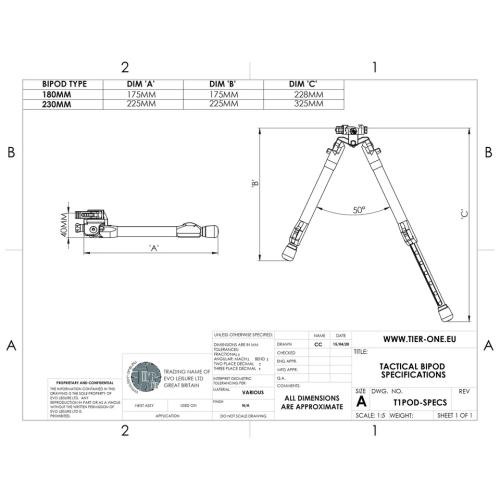 Tier One 180mm Carbon Pan/Tilt Picatinny Bipod