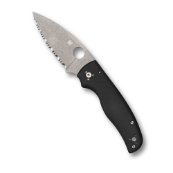 Spyderco Shaman Folding Knife Stonewashed Serrated w/ Black G10 Handle | CPM S30V