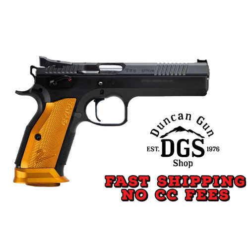 CZ-USA 91266 TS 2  9mm Luger 20+1 5.28 Stainless Bull Barrel, Black Serrated Steel Slide, Black Polycoat Steel Frame w/Beavertail, Orange Checkered Aluminum Grip