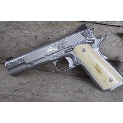 NH VIP GOVT 9MM VERT FRNT STRAP MAINSPRING SERRATIONS GOLD BEAD FS SS WOOLY MAMMOTH BARK GRIPS HIGH POLISHED ENGRAVING