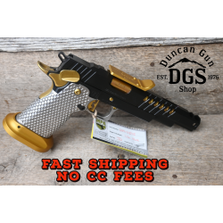 MASTERPIECE ARMS DS9 STEEL CHALLENGE BLACK AND GOLD WITH MATTE SILVER S2 GRIP TRIJICON OPTIC MOUNT