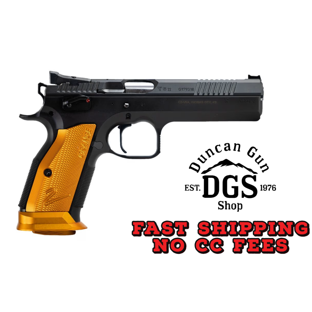 CZ-USA 91266 TS 2  9mm Luger 20+1 5.28 Stainless Bull Barrel, Black Serrated Steel Slide, Black Polycoat Steel Frame w/Beavertail, Orange Checkered Aluminum Grip