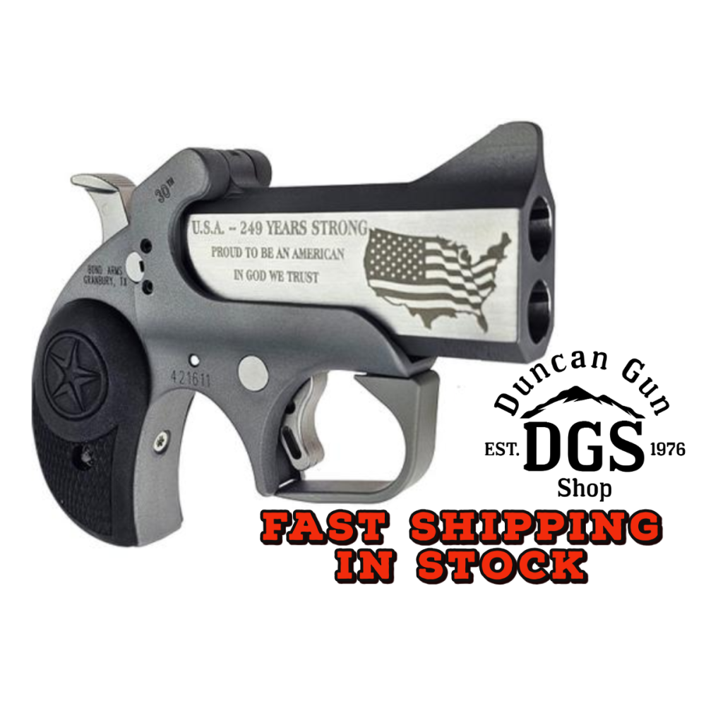 BOND ARMS 30TH ANNIVERSARY ENGRAVED ROUGH SERIES 45LC/410 3IN FLAT SIDED STAINLESS STEEL BARREL STAINLESS STEEL FRAME WITH ROUGH SERIES FINISH TRIGGER GUARD AND RUBBER PANEL GRIPS LIMITED EDITION BA30TH-45LC/410