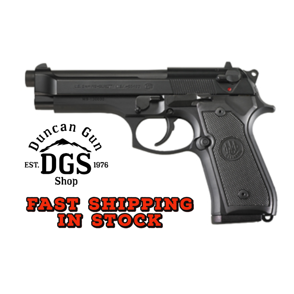 Beretta USA J92M9A0M M9  Full Size Frame 9mm Luger 15+1, 4.90 Steel Barrel, Black Bruniton Serrated Steel Slide & Aluminum Frame w/Beavertail, Ambidextrous