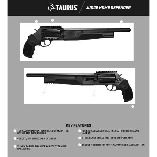 Taurus 2JHD441013MAG Judge Home Defender Medium Frame 45 Colt (LC)/410 Mag 5rd, 13 Matte Black Steel Barrel, Cylinder & Frame w/Picatinny Rail, Black Rubber Grip, Exposed Hammer