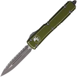 Auto Ultratech 122-12 D/E OTF Apocalyptic Finished Blade, Distressed OD Green Handle, One Side Serrated