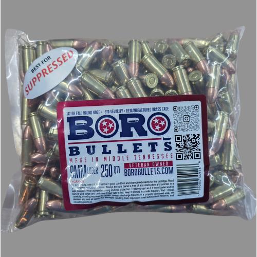 9MM 147GR FMJ BORO Bullets 250 Round Bag